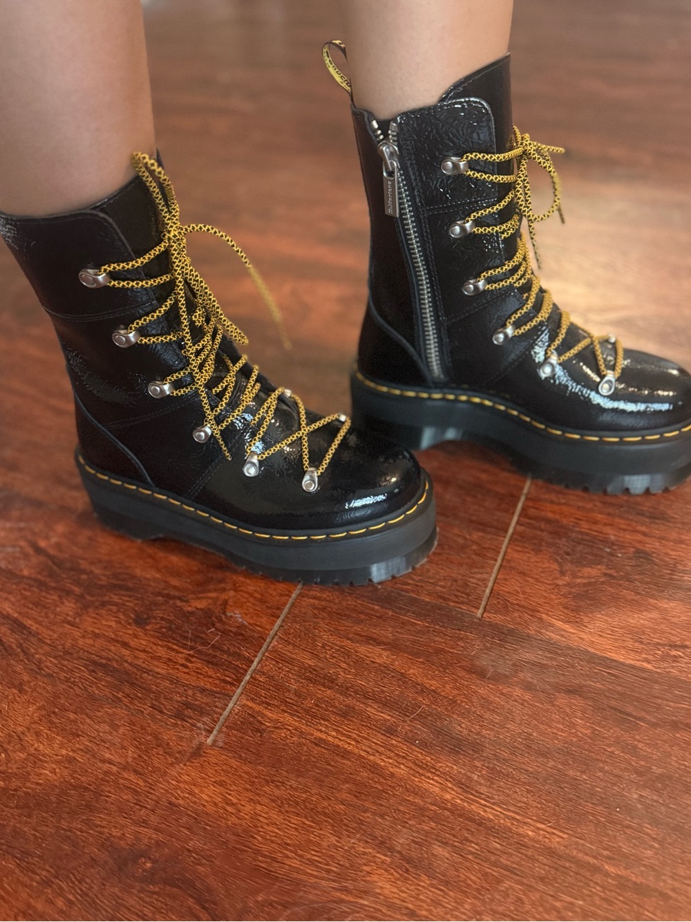 Dr. Martens Black Patent Combat Boots with Yellow Laces (41EU/ 9-10US)